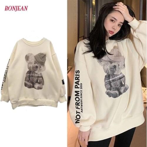 2020 Harajuku Fashion Bear Pullovers Fleece Oversized Autumn Winter Loose Korean Round Neck Women Sweatshirt Hoodies Women
