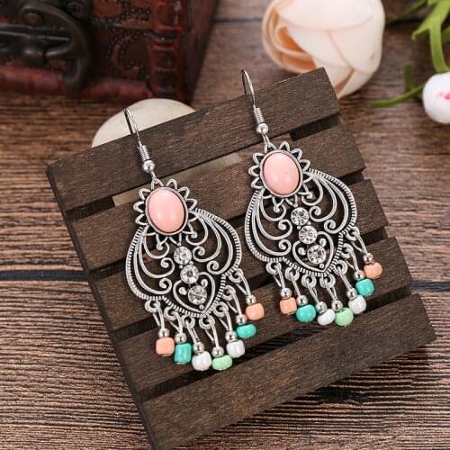 Bohemian Womens Gem Stone Beaded Earrings Turkish Tribal Gypsy Indian Jewelry Retro Boho Holiday Style Vintage Earrings Ethnic