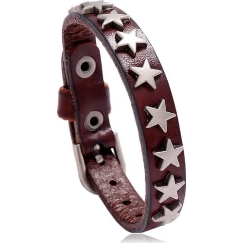 Fashion Punk Stars Bracelet Belt Genuine Leather Beads Charms Wristbands Vintage Retro Wrap Bangle Women Men Casual Jewelry Gift