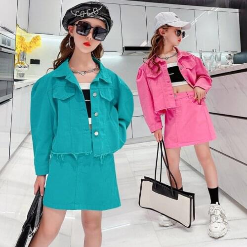 Autumn Girls Clothing Sets Fashion Young Children Denim Short Jacket Skirt Suit 2021 New Kids Clothes Green Lapel Girl Outfits