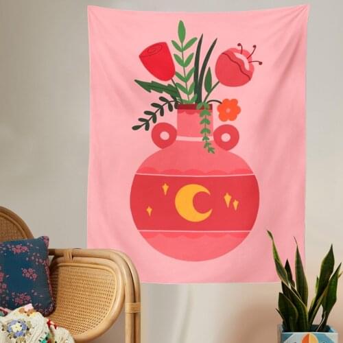 Aesthetic Vase Landscape Tapestry Art Psychedelic Rose Flower Wall Hanging Golden Flower Tapiz Tree Boho Decor Dorm Carpet