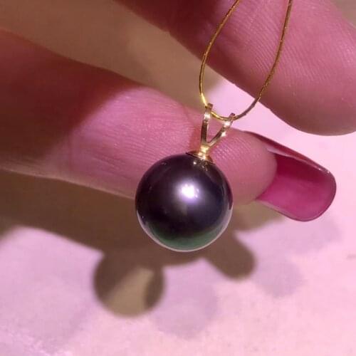 HENGSHENG 9-10mm Natural-Ocean Tahiti Black Round Pearls Pendant Women Real 18k Gold Clasp Silver Chain Wedding Jewelry Gift Box