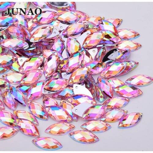 JUNAO 500Pcs 7*15mm Pink AB Sewing Crystal Rhinestone Applique Flat Back Horse Eye Acrylic Crystal Stones Sewn Strass For Crafts