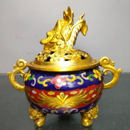 7"Chinese Folk Collection Old Bronze Cloisonne Enamel Dragon head statue Wishful Ear Three-legged incense burner Office Ornament