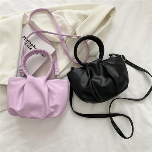Women Fashion Pleated PU Leather Cloud Shoulder Crossbody Messenger Bags Casual Solid Color Ladies Small Ring Handle Handbags