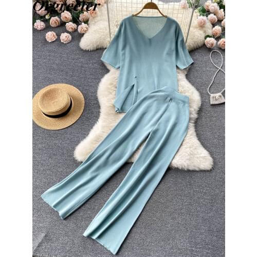 Fashion Temperament Ice silk Knitted Two piece Casual set Women Long Pullovers Tops and wide-leg pants Suits High Quality