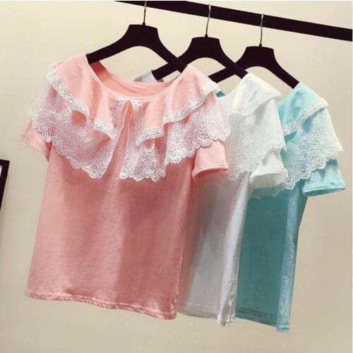 Summer New Girls Blouses Patchwork Lace Peterpan Collar Teens Tops Short-sleeved Children Girl T Shirts