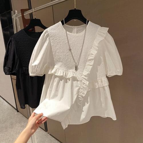2021 New Women Doll Shirt Korean Ruffle Patchwork Sweet Blouse Causal Puff Short Sleeve O-neck Blusas Feminimos