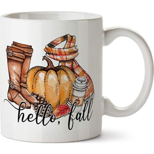 Hello Fall Autumn Pumpkin Spiced Latte Boots Scarf Halloween Gift Coffee Cup White Ceramic Mugs