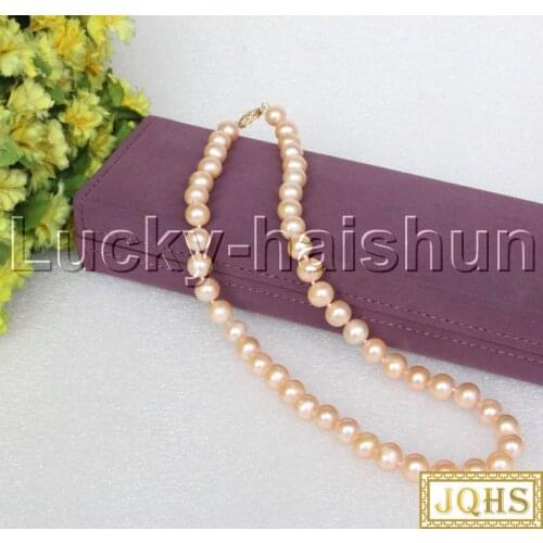 JQHS AA+ natural 18" 10mm round light pink string freshwater pearls necklace 14K clasp j12501