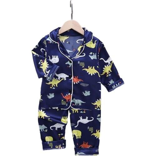 Kids Boys Pajamas Sets Autumn Winter Cartoon Dinosaur Print Long Sleeve Silk Sleepwear Older Children Nightwear Homewear