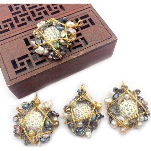 Freshwater Pearl Pendant Hand-wound Copper Wire Pasted with Colorful Diamonds and Small Pearl Irregular Shape Necklace Pendant