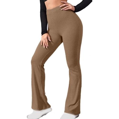 Casual Women Pants Solid Color Knitted Summer High Waist Full Length Flared Trousers for Sports Black Womens Clothing 2021