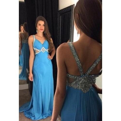 Sexy V-Neck A-Line Long Blue Chiffon Beaded Evening Dress Floor Length Open Back Pleated Formal Party Dress for Women