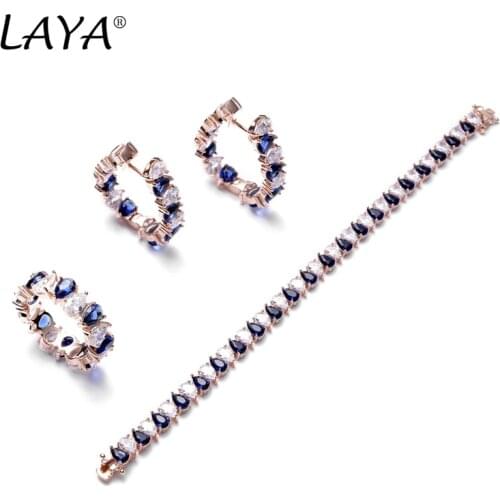 925 Sterling Silver Jewelry Womens Wedding Rose Gold White Zircon Created Crystal Blue Glass Earrings Ring Bracelet Set