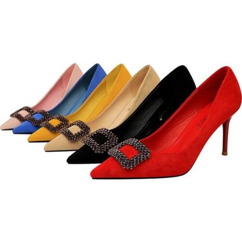 Korean version banquet womens shoes wedding shoes thin high heel suede shallow mouth thin point drill buckle single shoes high