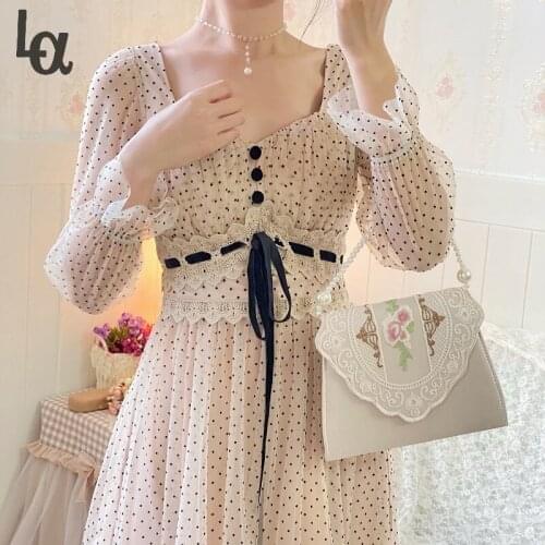 Luck A Pink Chiffon Fairy Dress Women Lace Patchwork Elegant Party Midi Dress High Street Sweet Casual Puff Sleeve Dress 2021