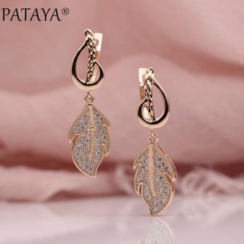 PATAYA New Women Wedding Party Luxury Lewelry 585 Rose Gold Leaf Micro Wax Inlay Natural Zircon Long Irregular Dangle Earrings