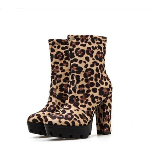 Autumn Winter High Heels Leopard Ankle Boots Women Thick Heel Platform Boots 2020 New Fashion Ladies Worker Boots Size 41 42