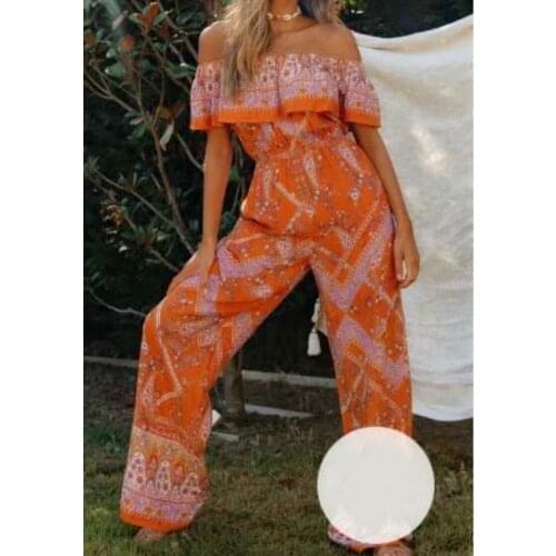 Happie Queens women orange floral print sleeveless Boho Bodysuits Rompers ladies off shoulder bohemian rayon Playsuits Jumpsuit