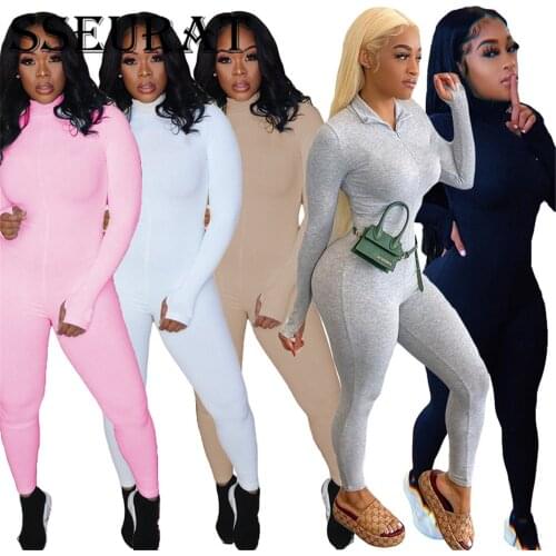 SSEURAT Autumn Solid Color Jumpsuits Women Full Sleeve High Street Casual V-neck Stretch Slim Active Jumpsuits Mujer