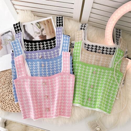 SINGREINY Women Houndstooth Knitted Strap Tops Korean Fashion Sleeveless Slim Y2K Tops Summer Sexy Off Shoulder Short Camisole