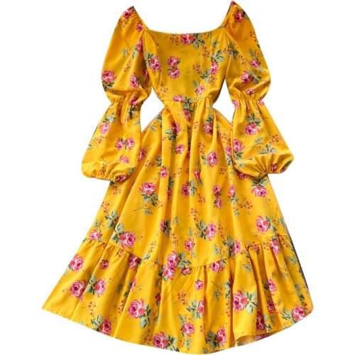 New Spring Autumn Women Square Collar Long Sleeve Slim Dress Sweet Flowers Print Big Hem Vacation Dress