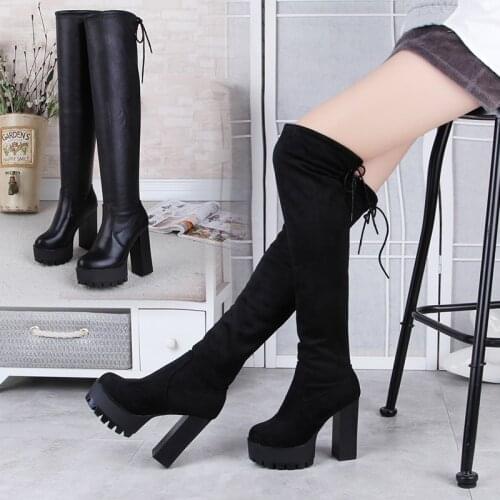 2020Winter Sexy Knee Boots Tight Stovepipe Knight Boots Suede Round Toe Combat Boots for Women Trend Velvet Warm Womens Boots