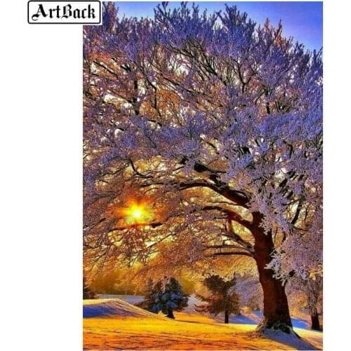 5d diy diamond painting snow tree winter sunset 5d full square drill diamond embroidery landscape crystal mosaic sticker