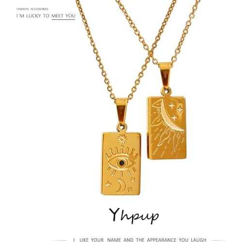 Yhpup Stainless Steel Moon Eye Pendant Necklace Stylish Metal Gold Color Square Necklace Collar Jewelry цепочка на шею женская