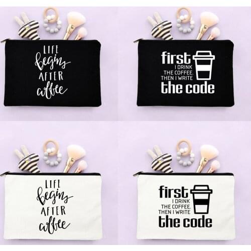 First Coffee Printing Makeup Cases Women Fashion Cosmetic Bags Harajuku Makeup Organizers Eco Reusable Zipper Casual Travel Bags