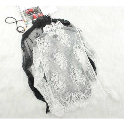 Elegant Women Flare Sleeve Lace Flower Mesh Gauze Voile Ruffles Basic Shirt Vintage Elastic Slim Hollow Out Tulle Blouse Tops