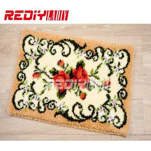 3D Latch Hook Rug Kits DIY Needlework Unfinished Crocheting Rug Yarn Cushion Mat Red Flowers Embroidery Carpet Rug Needlework