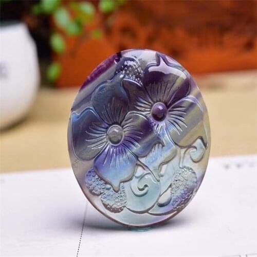 Natural Color Fluorite Hand Carved Flowers Very Beautiful Carved Crystal Pendant Home Decoration Gift