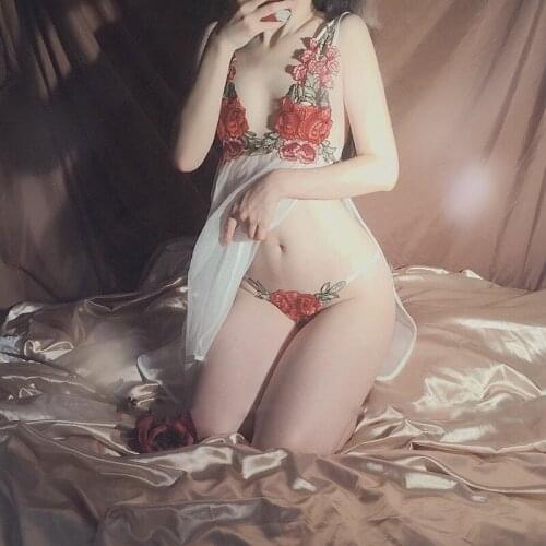 Sexy Erotic Lingerie Gauze Lace Temptation Nightgown Female Perspective Summer Side Slit Sling Mesh Rose Embroidered Nightdress
