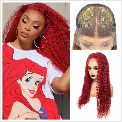 Red Color T Part Lace Human Hair Wig Remy Brazilian Curly Hair Ombre 13X1 Lace Wig For Black Women Pre Plucked Nabeauty 150
