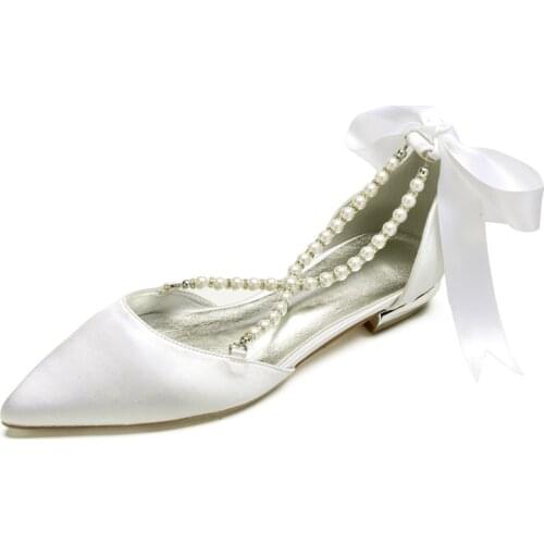 Flat Satin Pearls Wedding Shoes Pointed Toe Ribbon Tie Flat Prom Evening Formal Party Dress Shoes