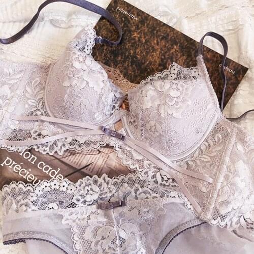 Luxury lace thin section lingerie sexy gather to close the side breast underwear set soft steel ring bra women