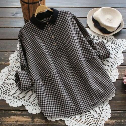 New Classic Womens Plaid Shirt Long Sleeve Roll Up Tops Leisure Lace Turn Down Collar Cotton Linen Blouse Ladies Spring Blusas