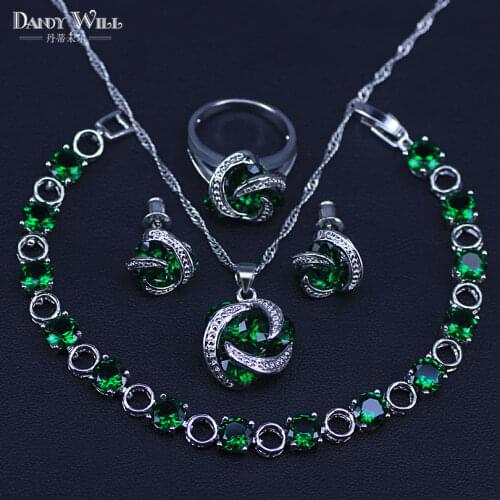 Silver Color Jewelry Sets For Women green Cubic Zirconia Necklace Pendant Earrings Rings Bracelet Free Gift Box