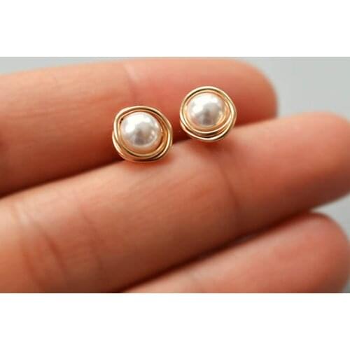 Domino Handmade White Pearl stud earrings bridesmaids earrings bridesmaids stud wedding party wedding earrings bride jewelry