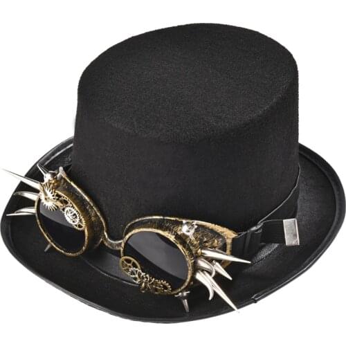 Steampunk Top Hat Fashion Fedora Hat for Men Women Steam Punk Hats With Gear Stud Goggles Gothic Party Glasses Fedora Unique