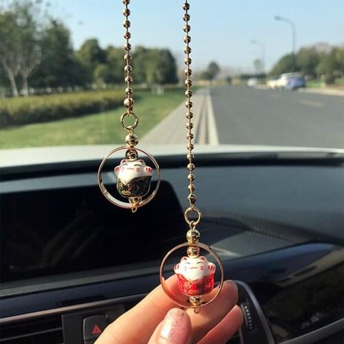 Cute Lucky Cat Car Pendant Ceramic Car Rearview Mirror Decoration Accessories Interior Car Pendant Hanging Gifts