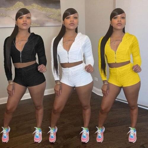 Solid Color Casual Pleated Tracksuit Women Hooded Zipper Crop Top And Drawstring Sportsuit Summer Clothes Fitness Outdoors S-XXL