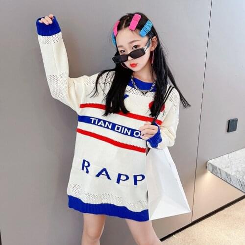 Girls sweater 2021 new love letter hollow jacquard mid-length knitted sweater loose outer