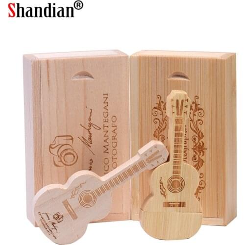 SHANDIAN USB Flash Drive Wooden Guitar Pen Drive Flash Drive 2.0 32gb Pendrive 64gb 16gb 4gb Memory Stick free custom logo