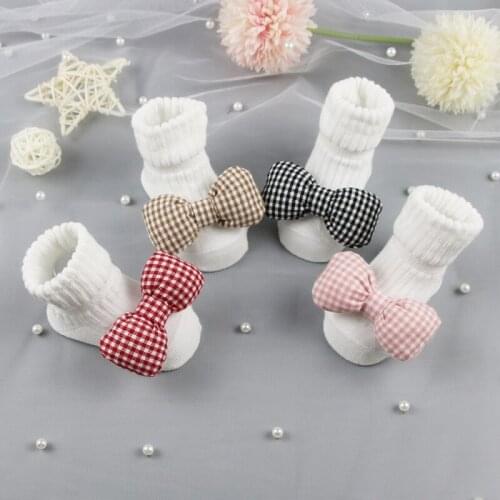 Newborn Baby Girl Boy Cute Plaid Bowtie Cotton Socks Infant Anti-slip Warm Floor Socks Medium Tube Knitted Socks