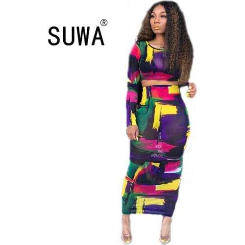 Evening party club sexy two piece outfit for women office holiday clothing long sleeve crop top + bodycon long skirts streetwear