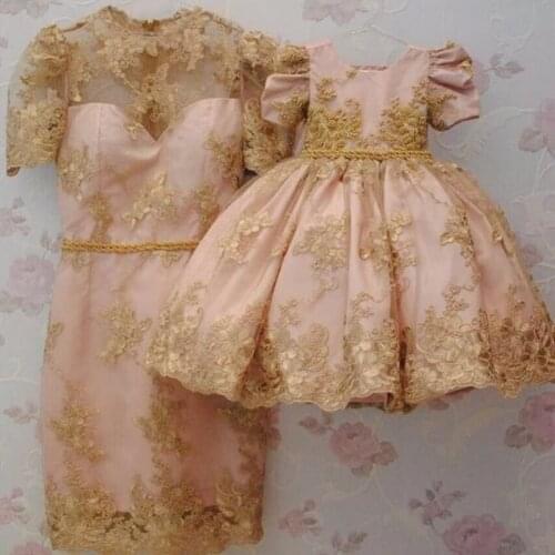 Golden lace beads mother daughter birthday party dresses gowns golden lace pink girls celebrity dresses dresses gowns custom