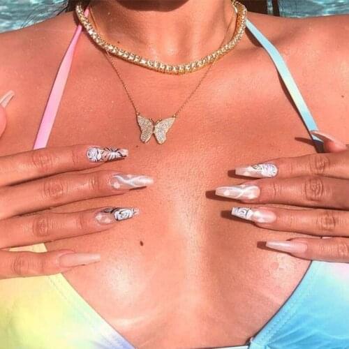 2 Pcs/Set Bohemian Vintage Necklaces Women Sexy Crystal Butterfly Beaded Pendant Double Gold Color Clavicle Chain Jewelry